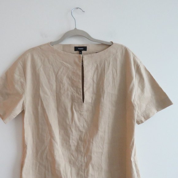 THEORY Organic Crunch Linen Belted Shift Dress Light Wheat Sz 00 *Belt missing* - Picture 3 of 16